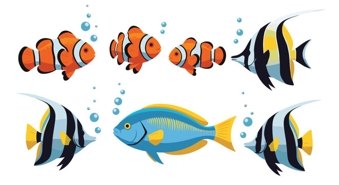Selection of tropical reef fish including clownfish and bannerfish swimming with bubbles on a white background for art.