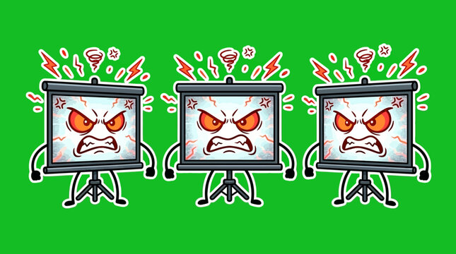 Three Angry Presentation Screens with Fiery Eyes and Lightning Bolts.