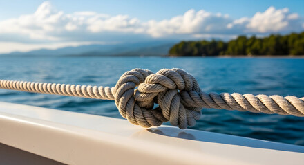 Fototapeta premium A thick nautical rope tied in a knot resting on a white boat railing with a blurred ocean background