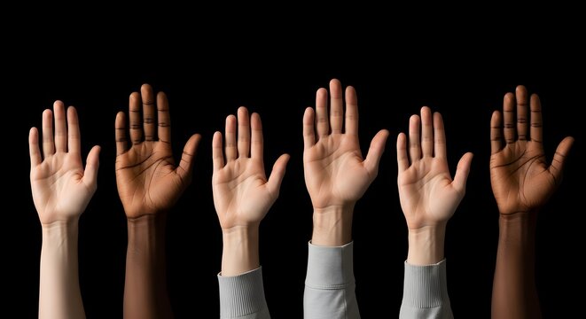 Diverse group of people raising hands in unity against a black background