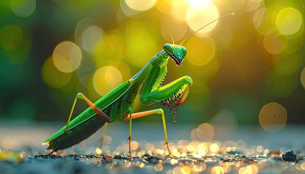 A vibrant green praying mantis rests on a branch, bathed in golden sunlight and surrounded by a bokeh of blurred foliage, showcasing its intricate details and natural camouflage.