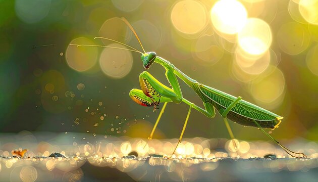 A vibrant green praying mantis is captured in a stunning macro shot, showcasing its intricate details and predatory nature.