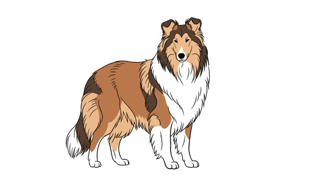 Majestic collie dog with a long thick coat of brown white and black fur standing tall, ideal for breed guides and pet store advertisements.