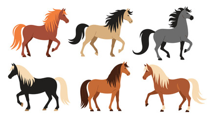 Fototapeta premium Six horses of various breeds and coat colors including brown, black, grey, and tan, perfect for equestrian guides and horse lovers.