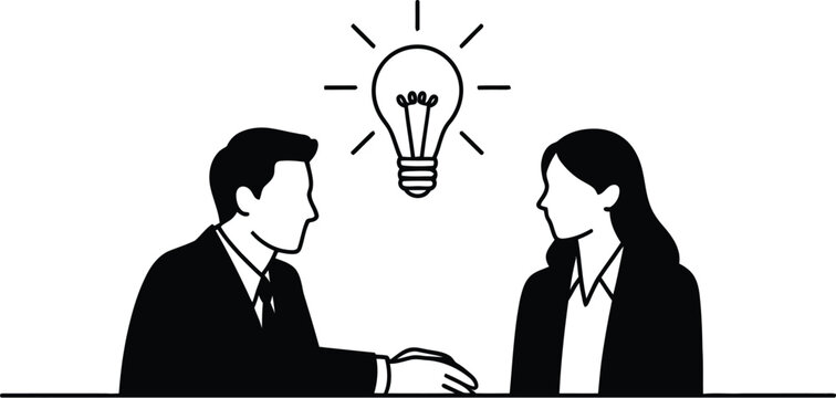 Two people sitting and talking with a lightbulb above them representing idea generation and brainstorming collaboration communication creativity and shared problem solving in modern minimal vector 