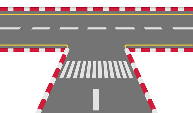 T junction asphalt road intersection with pedestrian crosswalk and red white curb