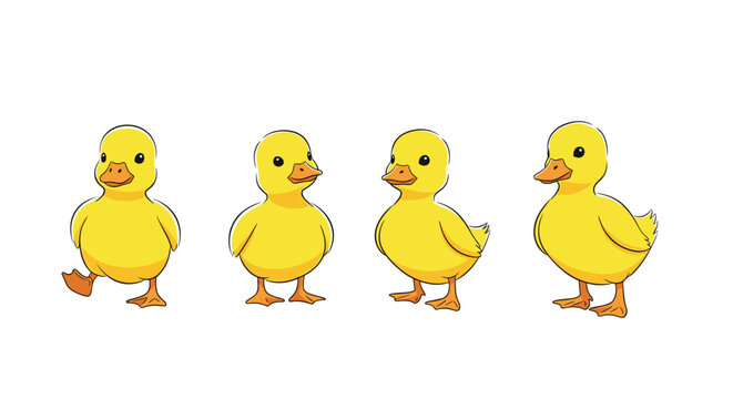 Collection of four adorable yellow ducklings in various standing and walking poses isolated on a clean white background.