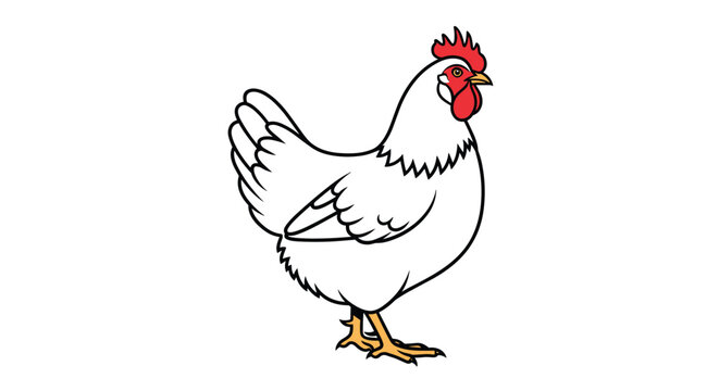 Classic illustration of a white farm hen with a vibrant red comb and wattles standing against a plain white background.