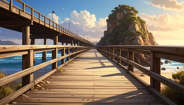 A wooden walkway on a sandy beach leads towards a rocky island under a sunny sky with soft clouds