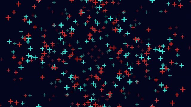 Colorful neon plus signs drift across a dark background, creating an abstract medical and technology concept for healthcare, science, data visualization, and UI design