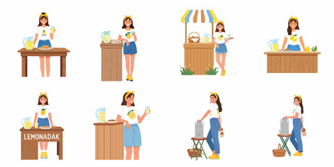 Vector illustration set of a young woman entrepreneur selling fresh lemonade and cookies at various outdoor stands during a bright summer day. © Nadhirotul