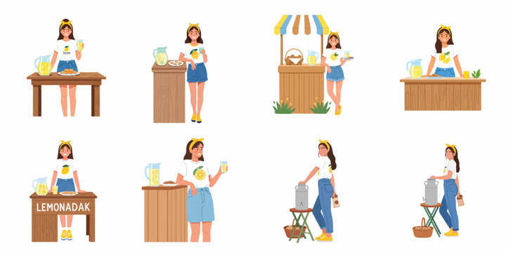 Vector illustration set of a young woman entrepreneur selling fresh lemonade and cookies at various outdoor stands during a bright summer day.