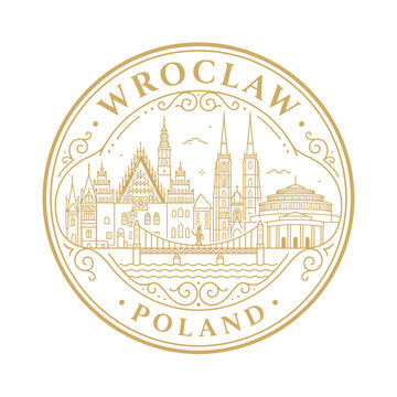 Wroclaw Poland city skyline landmarks in circular gold line art vector illustration