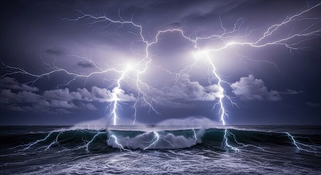 Dramatic stormy ocean with lightning bolts.