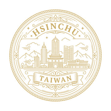 Hsinchu Taiwan city skyline badge with East Gate and mountains vintage vector illustration