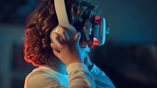 Boy experiences virtual reality adventure at home during the evening with realistic headset and immersive audio
