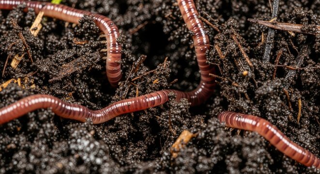 Earthworms in soil close-up view.