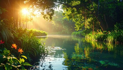 Fototapeta premium Sunlight filters through lush foliage, illuminating a tranquil river winding through a vibrant, tropical rainforest.
