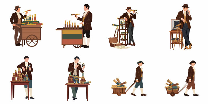 Set of vintage illustrations featuring 18th-century men selling and using telescopes, highlighting themes of exploration, science, and historical trade.