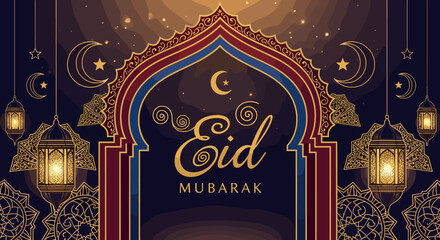Elegant Eid Mubarak greeting card featuring Islamic architectural elements, crescent moons, stars, and ornate lanterns against a dark, starry background. © pria