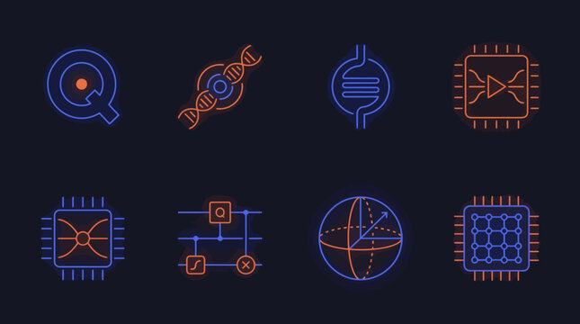Quantum Computing and Future Technology Neon Icon Set Featuring Qubit Circuit, DNA Helix, Bloch Sphere, Processor Chip, and Advanced Algorithm Symbols for Tech Innovations