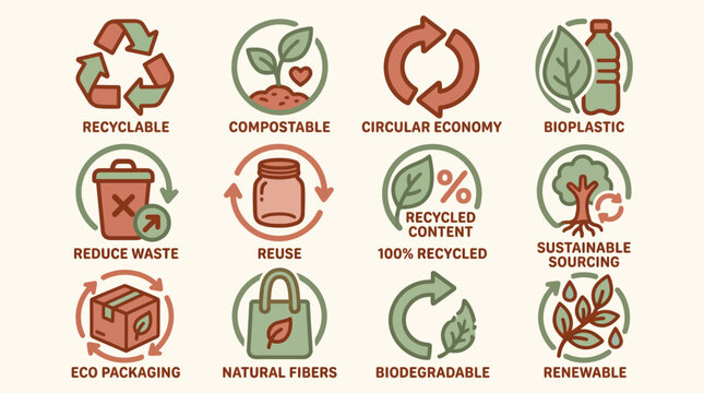 Eco Friendly Packaging and Sustainability Label Set with Recyclable, Compostable, Circular Economy, Biodegradable, and 100 Percent Recycled Content Icons for Green Business