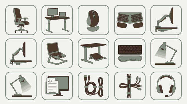 Ergonomic Office Equipment Icon Set Featuring Standing Desk, Orthopedic Chair, Split Keyboard, Vertical Mouse, Monitor Arm, and Cable Management for Healthy Workspace
