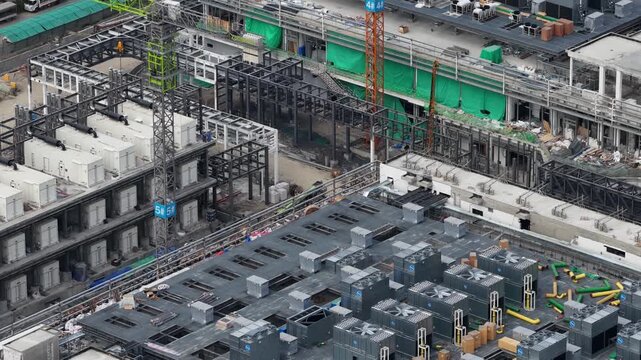 Aerial drone video of hyperscale data center campus construction in Chonburi, Thailand, highlighting cloud computing, AI infrastructure, digital economy growth, and Eastern Economic Corridor expansion