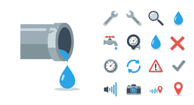 Plumbing Icons and Leaking Pipe Illustration - Water, Repair, Maintenance, Technology