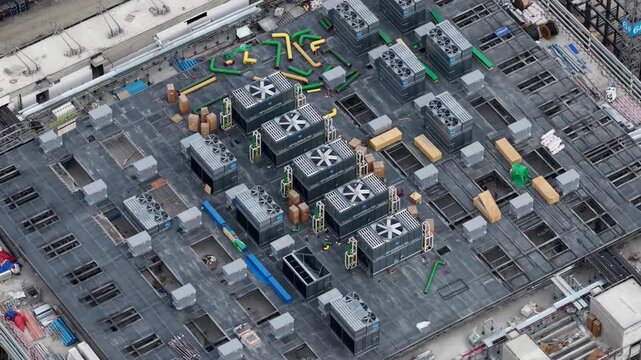 Aerial drone video of massive hyperscale data center construction near Bangkok, Thailand, featuring AI technology, cloud computing infrastructure, and rapid digital expansion.