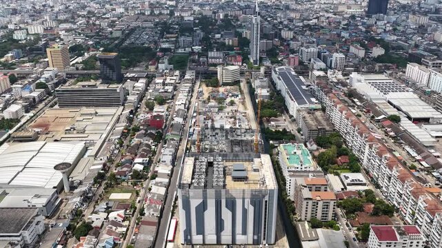 Aerial drone footage of STT Bangkok 1 data center showing construction and expansion of hyperscale cloud computing and artificial intelligence infrastructure in Thailand.