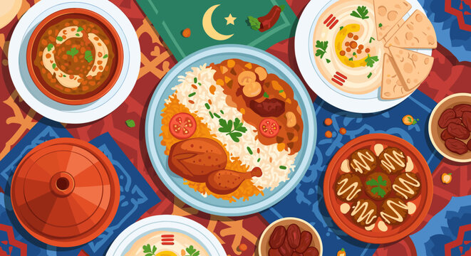 A vibrant top-down view of a traditional Middle Eastern feast, featuring rice with chicken, hummus, stews, dates, and a tagine pot on a colorful patterned tablecloth, with an Islamic crescent symbol.