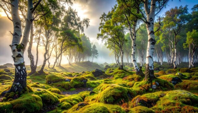 A sun-drenched birch forest glows with ethereal light, showcasing a vibrant green mossy landscape.