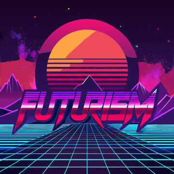 Retro Synthwave Landscape with Futurism Text and Neon Sun