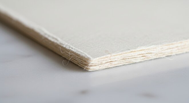 Close up of a layered off white paper edge with visible fine threads