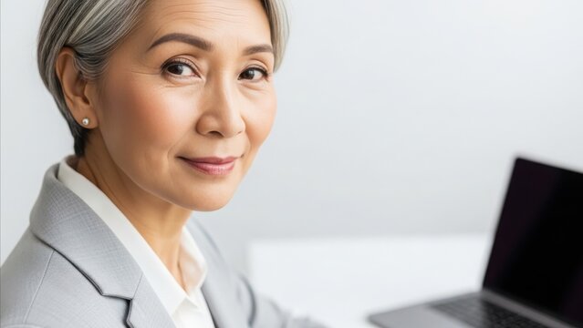 Professional Asian businesswoman with silver hair smiling while working on laptop computer in modern office environment