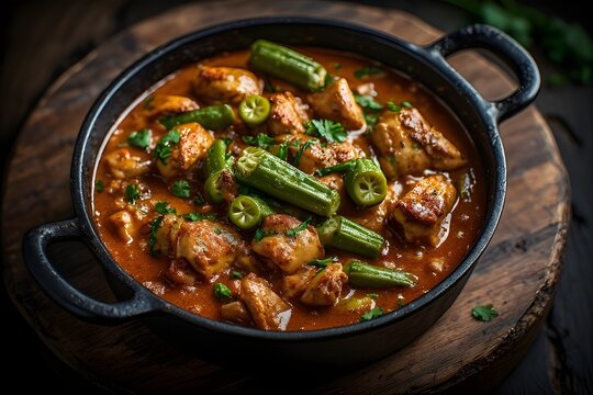 brazilian frango com quiabo in a skillet