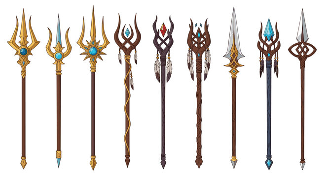 Collection of mythical fantasy weapons including ornate tridents, magic staves, and decorative spears with glowing gems and feathers.