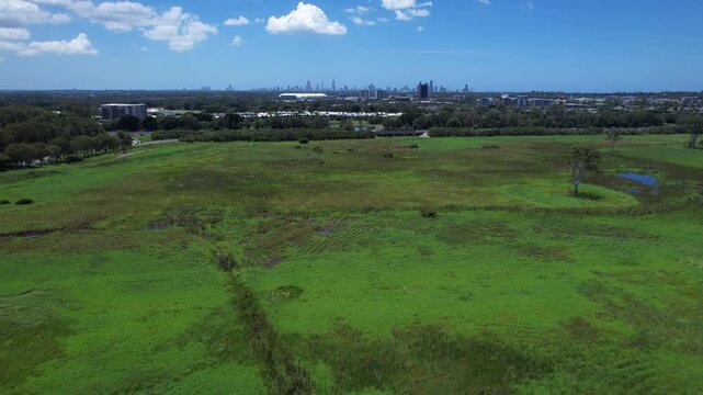 Open Verdant Space At Firth Park In Mudgeeraba On The Gold Coast In Queensland, Australia. Aerial Shot