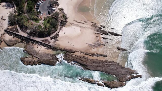 Bird's Eye View Over Snapper Rocks In Coolangatta, Queensland, Australia - Drone Shot