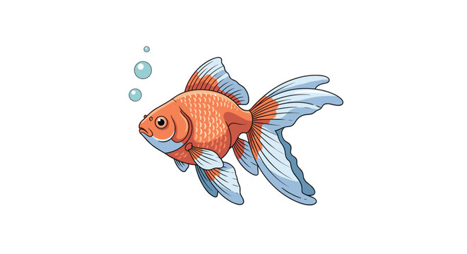Detailed colorful illustration of a fancy goldfish swimming with long flowing fins and air bubbles in a clean vector style.