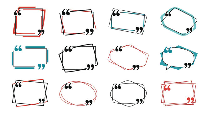 Set of modern and artistic quote box frames in various shapes with quotation marks for text highlighting in layouts.