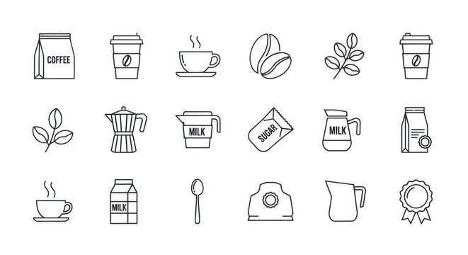 Coffee Icons Set: Beans, Cup, Bag, Moka Pot, Milk, Sugar, Spoon, Branch