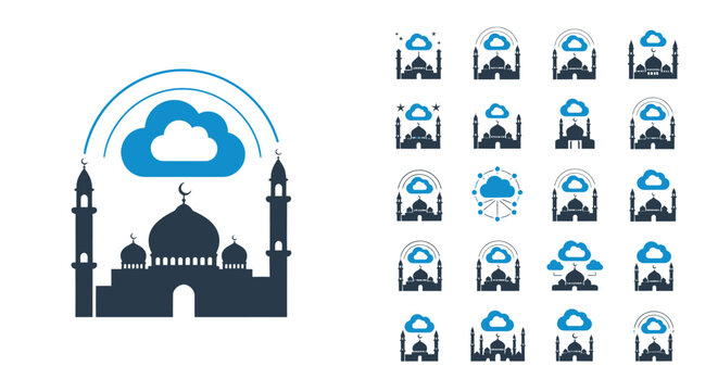 Islamic Mosque Cloud Computing Icon Set - Digital Religion Technology
