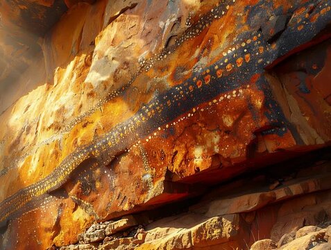 Ancient Aboriginal Rock Art Depicting a Lizard in a Cave.