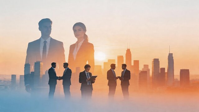 Business executives corporate teamwork double exposure silhouette against city skyline professional success office building background modern finance management strategy morning