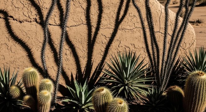 Desert succulents casting dramatic geometric shadows against a textured adobe wall