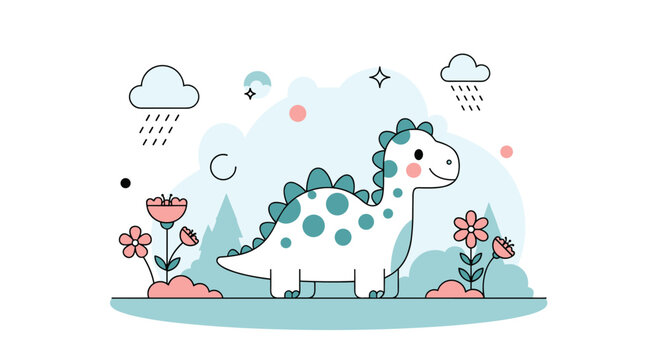 Cute cartoon dinosaur standing in a simple landscape with clouds rain flowers and rolling hills on a light background for kids.