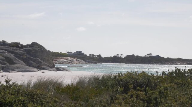 Scenic Coastal View Of Honeymoon Beach In Tasmania, Australia, With White Sand, Large Boulders, And Wind Blowing. wide shot