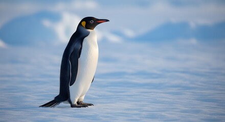Obraz premium A solitary King Penguin stands on an icy landscape under a pale sky.
